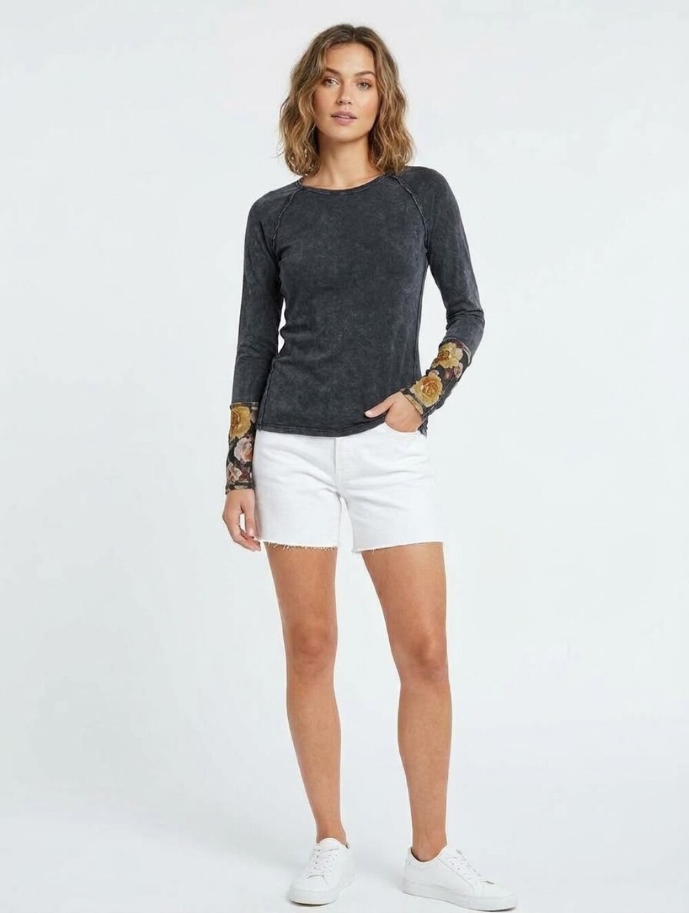 Floral Cuff Mineral Wash Long Sleeve Raglan Top Charcoal Grey Knit Crewneck